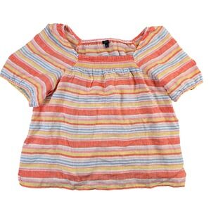 Talbots Plus Petite 2XP Linen Striped Square Neck Smocked Puff Sleeve Top Orange